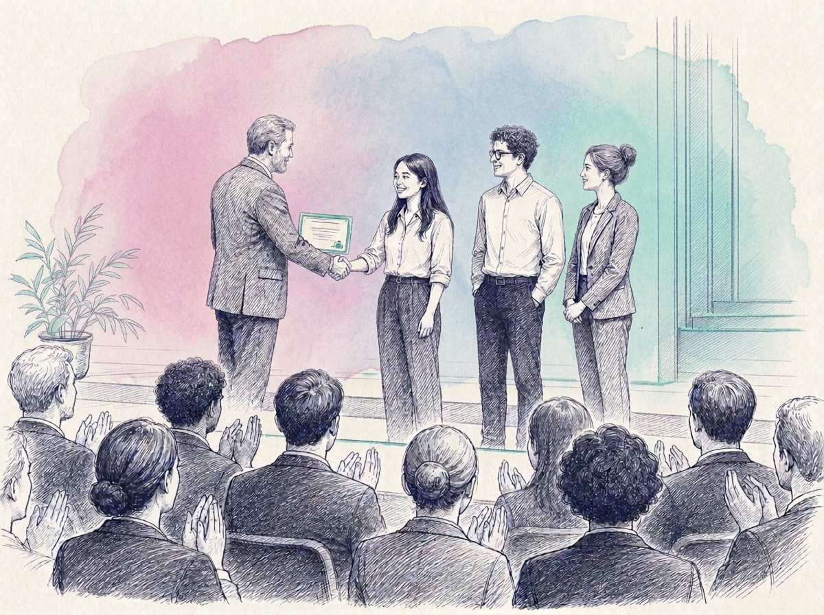 Illustration of a young team holding up a certificate on stage while the audience applauds