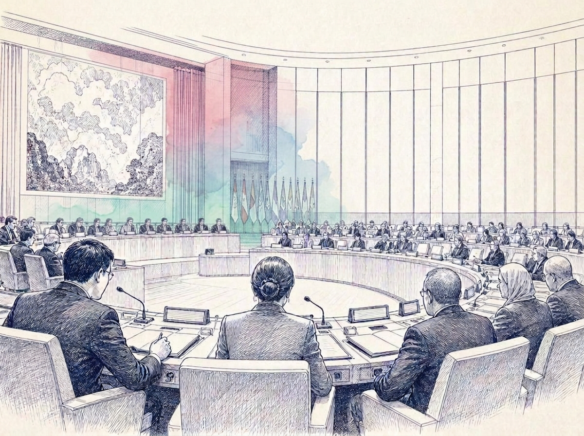 Illustration of two delegates with lanyards walking through an international conference hall