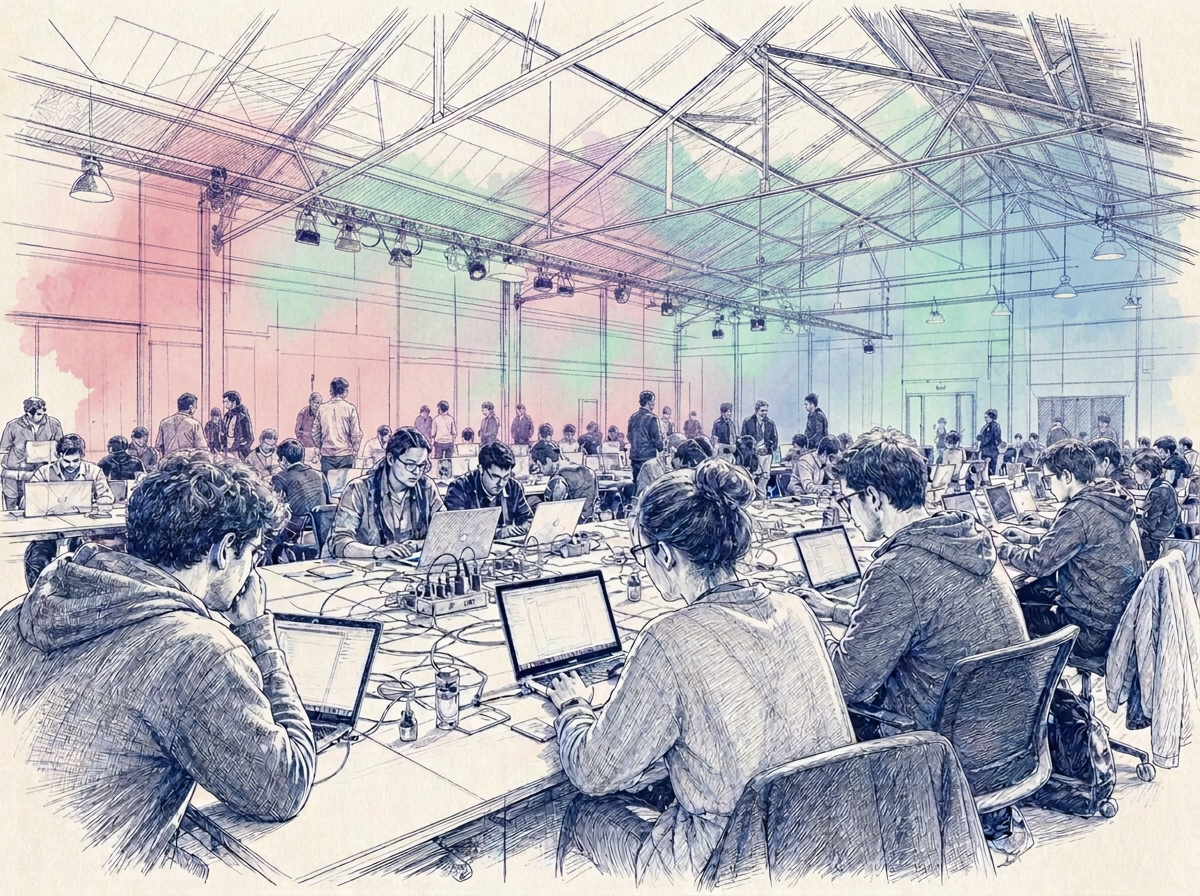 Illustration of builders working at long tables during a hackathon