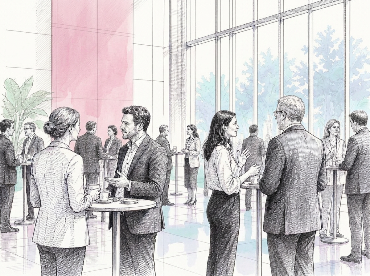 Illustration of people talking in small groups during a networking break