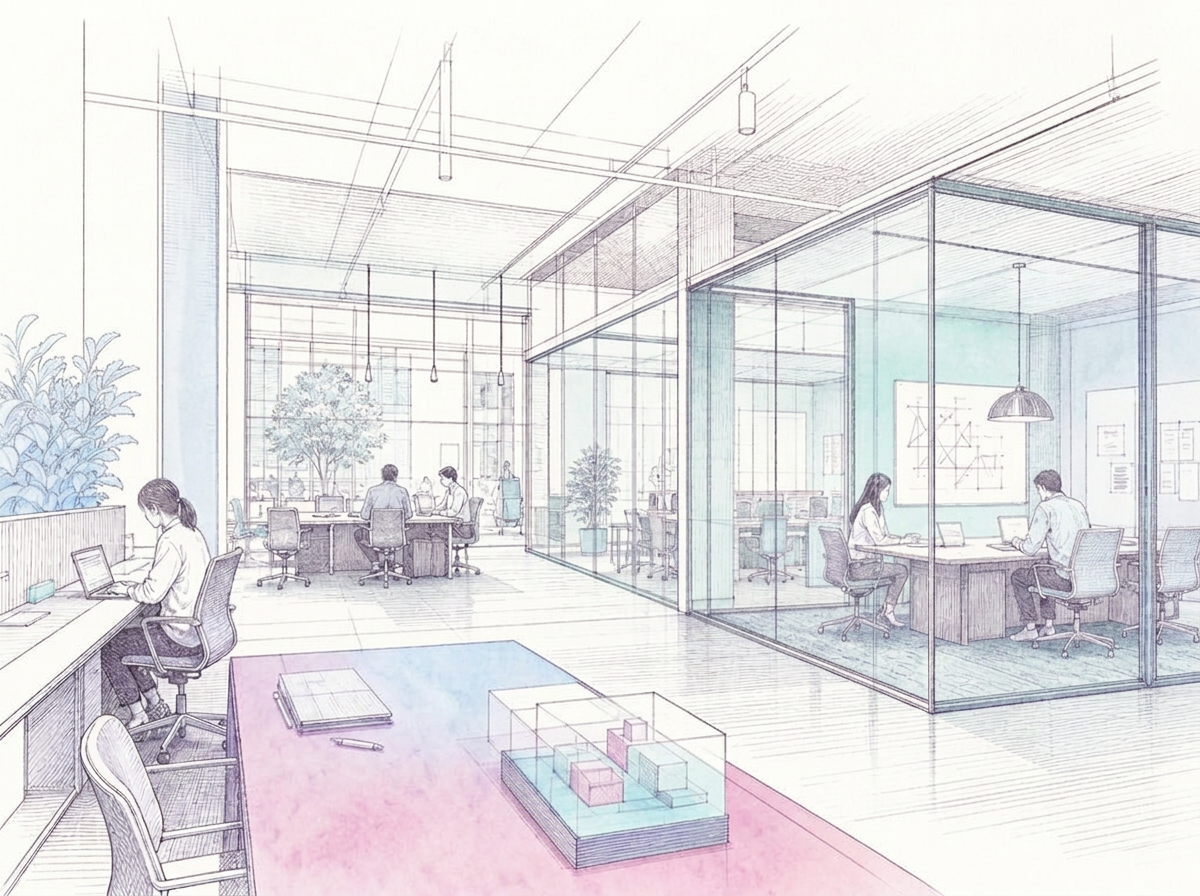 Illustration of a bright university innovation-centre coworking space