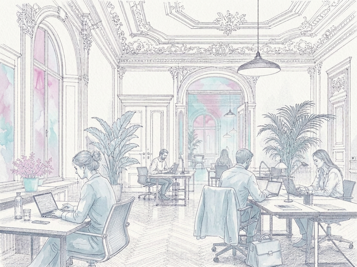 Illustration of a city loft meeting room with a long table and rooftop view