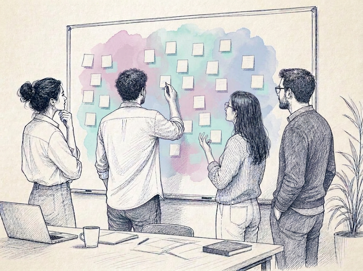Illustration of a small team working around a whiteboard covered in sticky notes