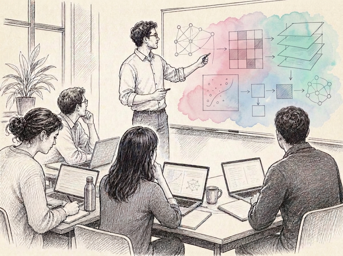 Illustration of students in an AI literacy workshop with a facilitator at a whiteboard
